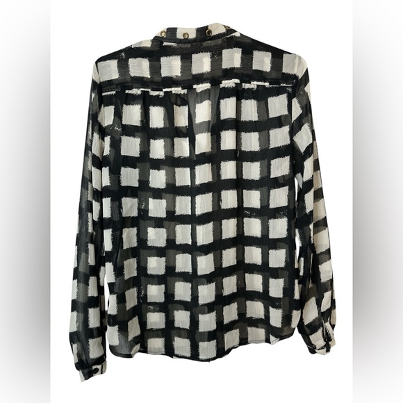 Michael Michael Kors Button Down Long Sleeve Sheer Black White Checker Blouse - Picture 2 of 5